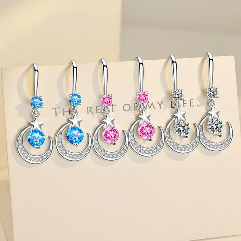 Female Fashion Star Moon Earrings Silver Plated Pink Blue White Cubic Zirconia Dangle Earrings Bride Wedding Engagement Anniversary Valentine'S Day Gift Jewelry