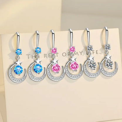 Female Fashion Star Moon Earrings Silver Plated Pink Blue White Cubic Zirconia Dangle Earrings Bride Wedding Engagement Anniversary Valentine'S Day Gift Jewelry