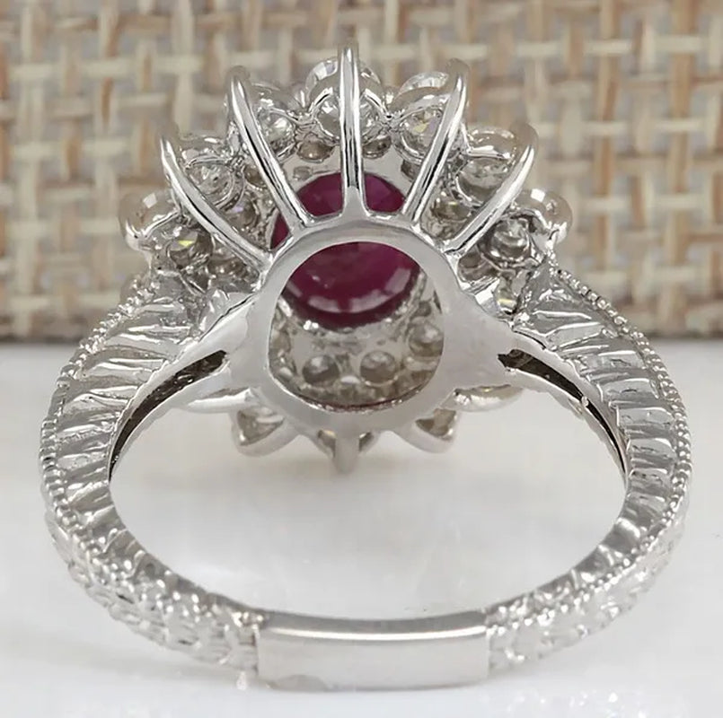 Noble Brand Jewelry Natural 5.86CT Red Ruby Gemstone 925 Sterling Silver Ring
