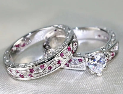 Heart 1Ct CZ Ruby 10KT White Gold Filled Claddagh Ring Sets Women'S Wedding Ring Sz6-9
