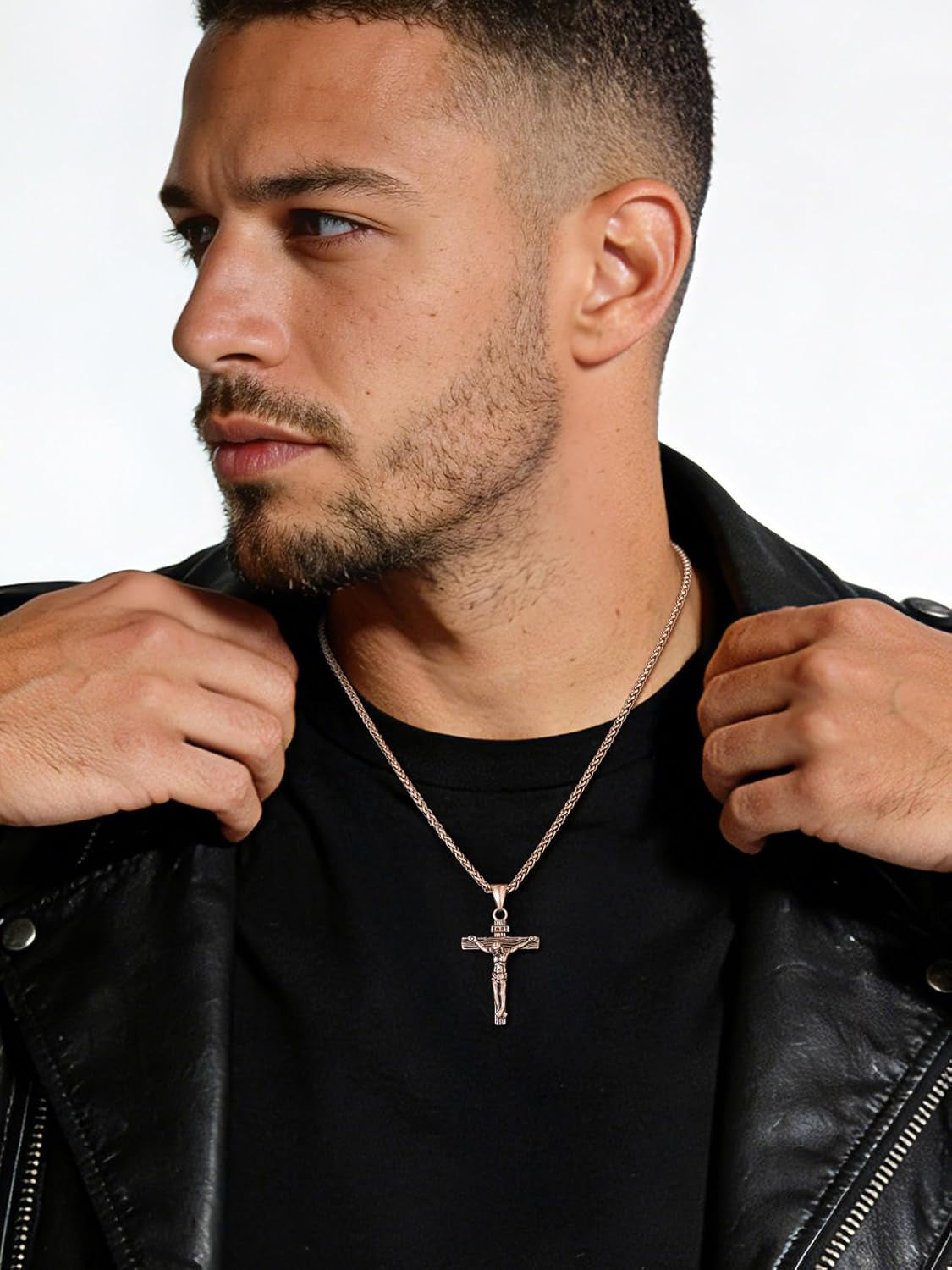 Men Crucifix Cross Pendant with Chain Baptism Christian Jewelry Stainless Steel/18K Gold Antique Jesus Necklace, Gift Packed,Length 22"