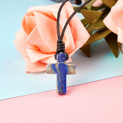 Stone Cross Pendant Adjustable Leather Necklace Gift for Valentines Day