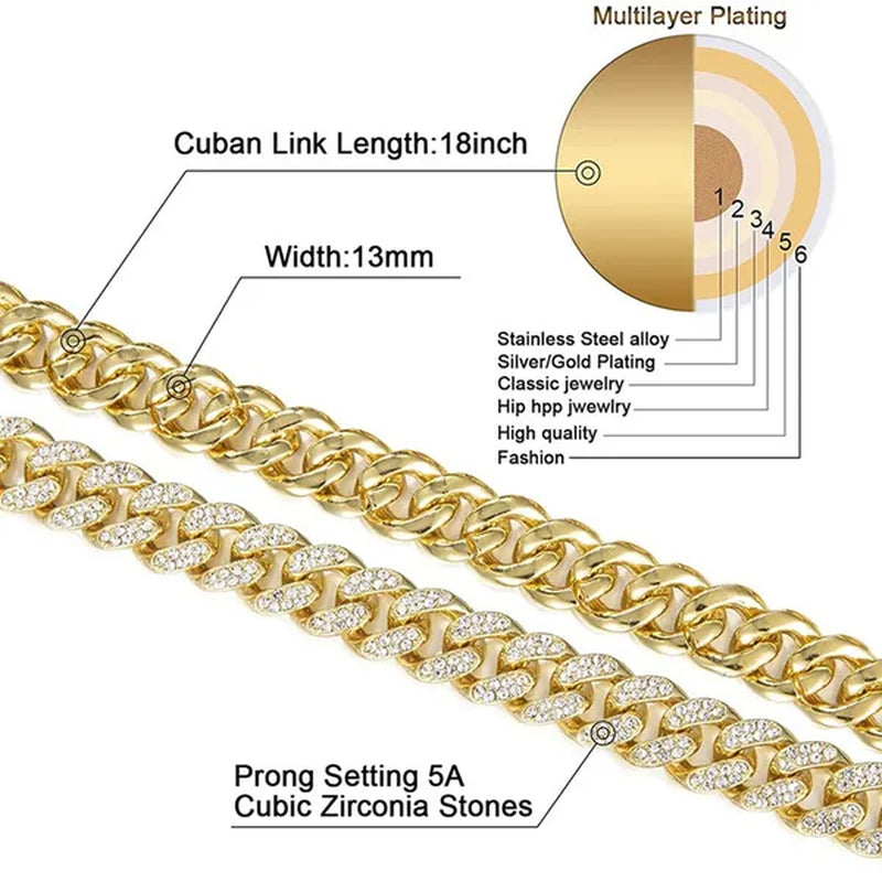 3 Colors 13MM Iced Out Chain Hip Hop Watch Necklace Bracelet Bling Miami Cuban Link Chain Mens Jewelry Set Relojes Hombre
