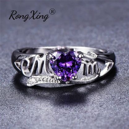 Love Mom 2ct Heart Shape Diamond/Amethyst/Emerald/Pink/Blue Sapphire/Black Diamond 925 Silver Ring Nana Ring Grandma Mum Jewelry Size 5-10