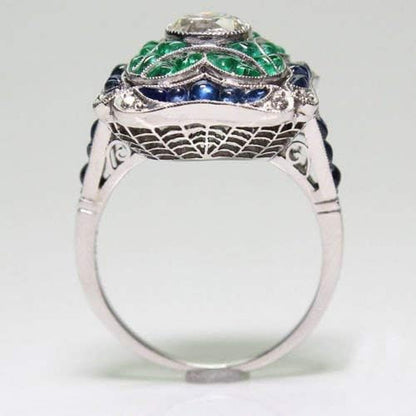 925 Sterling Silver Vintage Emerald Ring Blue Sapphire White Topaz Ring Women Wedding Fashion Jewelry Size 6-10