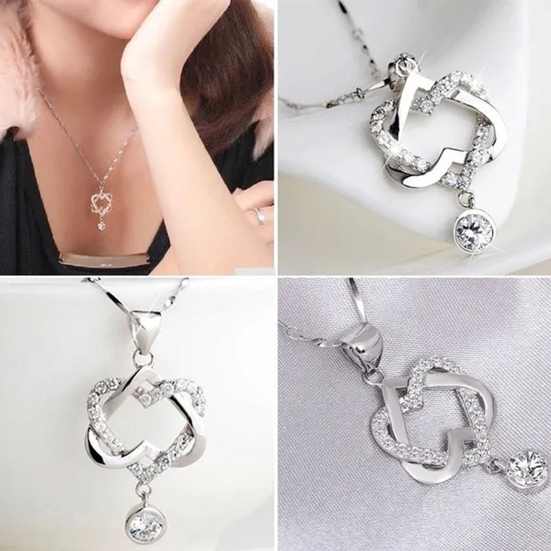 New Fashion 925 Silver  Women Double Heart Diamond Pendant Chain Necklace Jewelry Gifts for Love(Pendant and Chain)