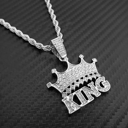 Hip Hop Iced  Lab Diamond CROWNED KING Pendant & 4mm 24" Rope Chain Necklace