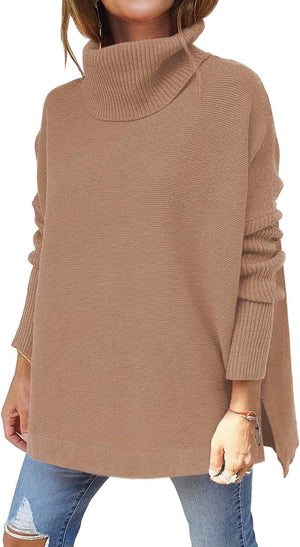 Women'S Turtleneck Oversized Sweaters Long Batwing Sleeve Spilt Hem Tunic Pullover Knit Tops