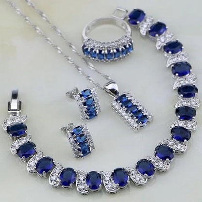 Blue Sapphire White Topaz 925 Silver Jewelry Sets for Women Earrings Pendant Necklace Rings Bracelets 4PCS