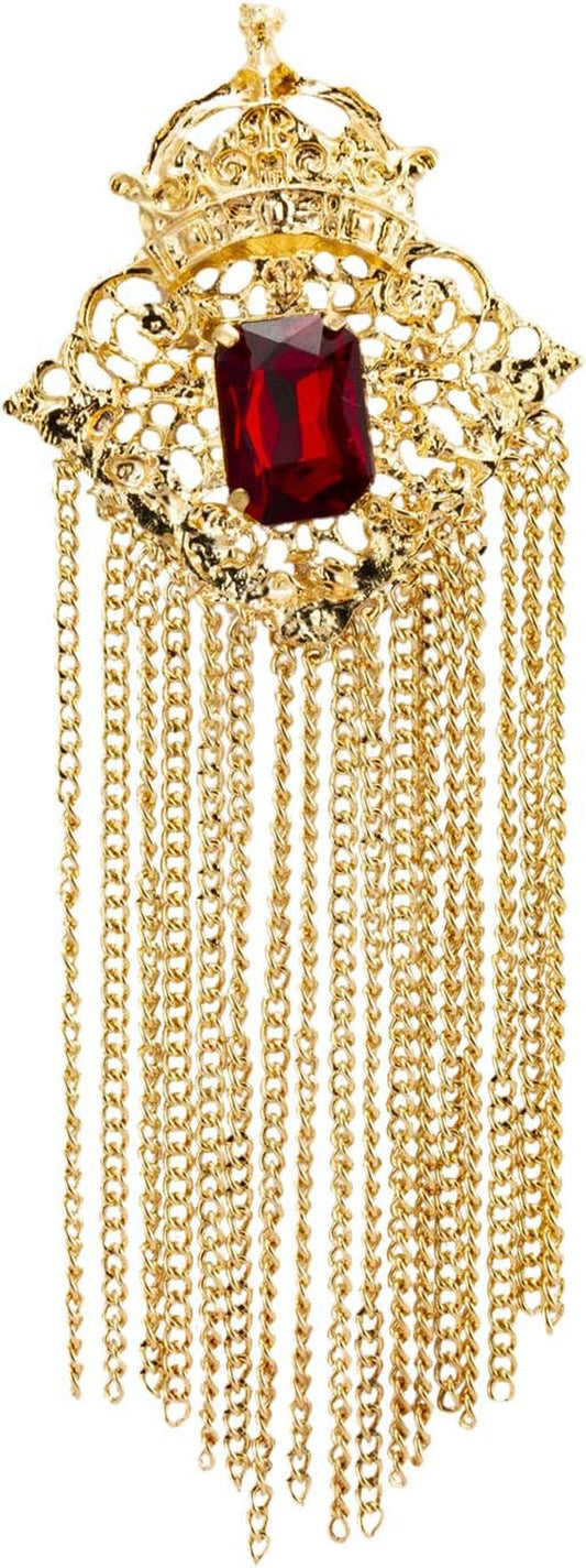 Brooch Pin Crowned Deep Red Stone with Abstract Work and Hanging Chain Lapel Pin Accessories for Men Women