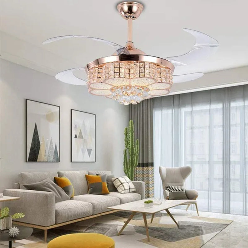 42inch  LED 4 Acrylic Crystal Chandelier Ceiling Light Automatic Retractable Crystal Fan Blade Ceiling Lamp