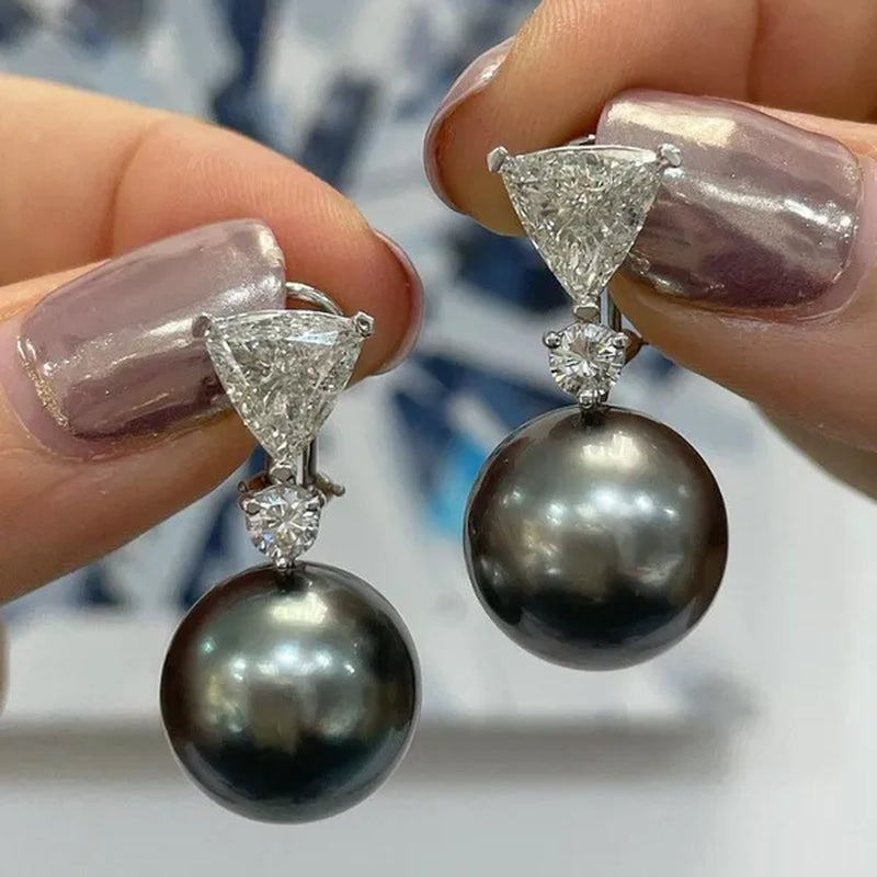 Retro Pearl Drop Earring 925 Sterling Silver 3 Prong Setting Triangle White Sapphire and Diamond Earring for Women Party Jewelry