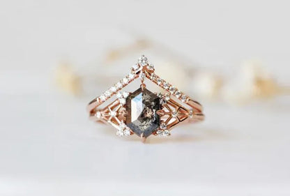 Salt and Pepper Diamond Engagement Ring Hexagon diamond engagement ring bridal ring alternative ring
