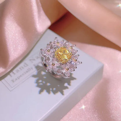 Womens Ladies Citrine Gemstone Bling Crystal Flower Design Crown Ring Adjustable Open Ring Wedding Party Ring Jewelry