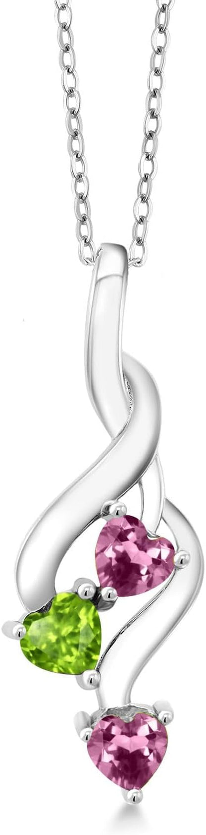 925 Sterling Silver Pink Tourmaline and Green Peridot Pendant Necklace for Women (0.68 Cttw, Gemstone October Birthstone, Heart Shape 4MM, with 18 Inch Silver Chain)