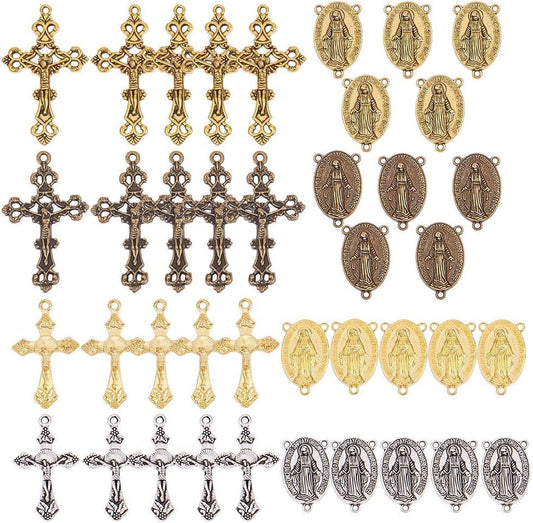 Tibetan Style Rosary Cross Charms and Center Miraculous Medal Easter Vintage Cross Crucifix Pendants Oval Chandelier Links Bronze Connector Charm for Rosary Bead Necklace Making Supplies