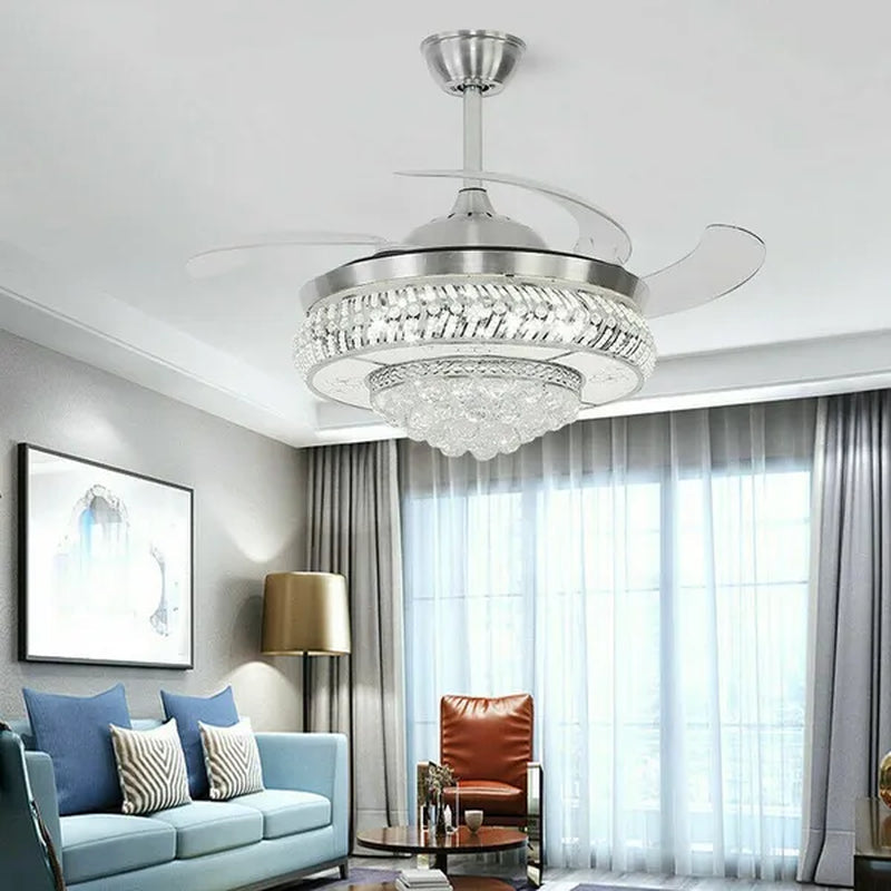 42" Invisible Ceiling Fan Light K9 Crystal LED Chandelier Retractable Blade Light with Remote Control