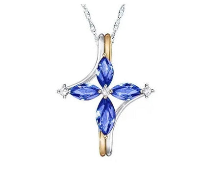 Exquisite 925 Sterling Silver Goldplated Natural Sapphire Amethyst Cross Ring Earrings Necklace Bride Princess Wedding Engagement Birthstone Jewelry Set Ring Size 5-10