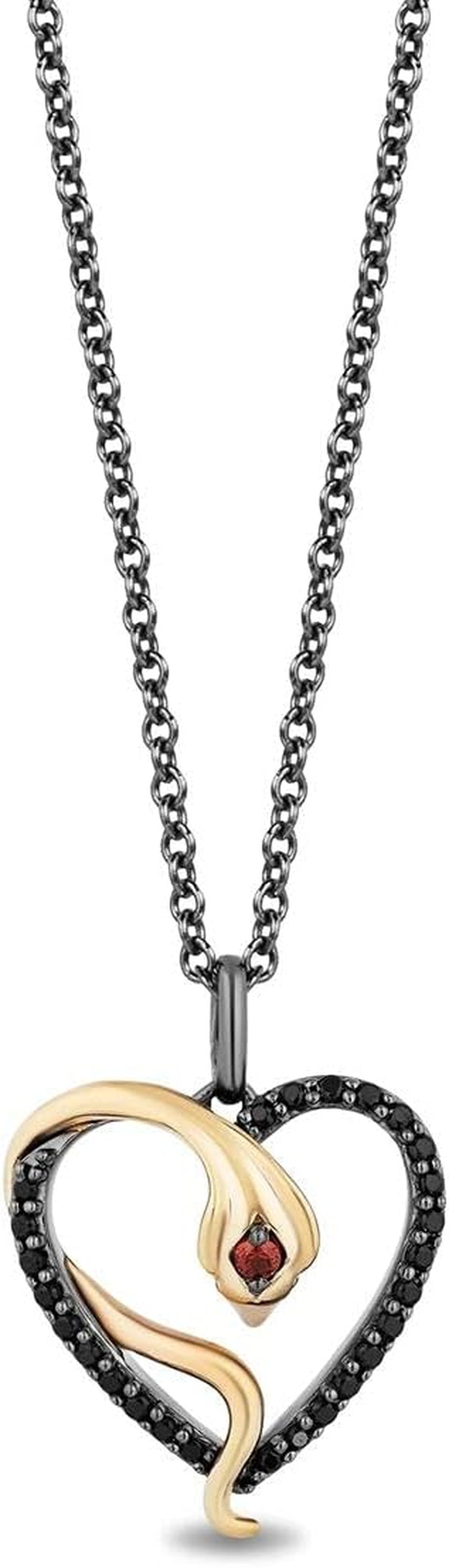 Enchanted Disney Fine Jewelry Black Rhodium over Sterling Silver and 10K Yellow Gold 1.75MM round Garnet and 1/5 Cttw Treated Black round Diamond Jafar Heart Pendant Necklace, 18" Cable Chain