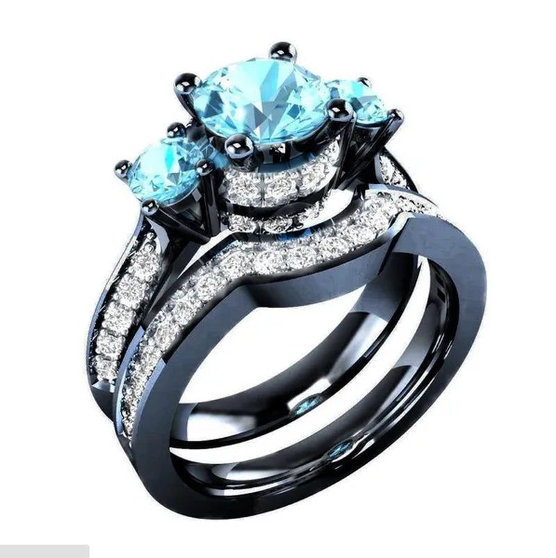 Sz6-12 His and Hers Couple Rings Wedding Engagement Rings Set Women's Aquamarine Black Gold Ring and Men's Titanium Steel Ring Jewelry