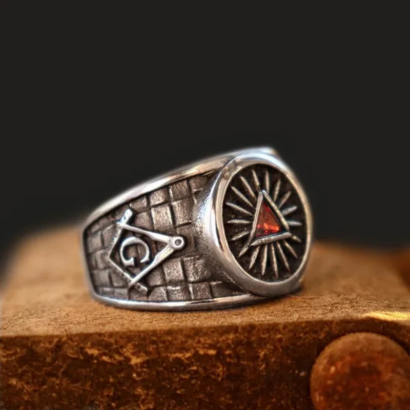 Retro Masonic Triangle Ruby Ring Mason Master Ring 316L Stainless Steel Ring Masonic Jewelry Punk Party Ring - WORLD TIME VISITS