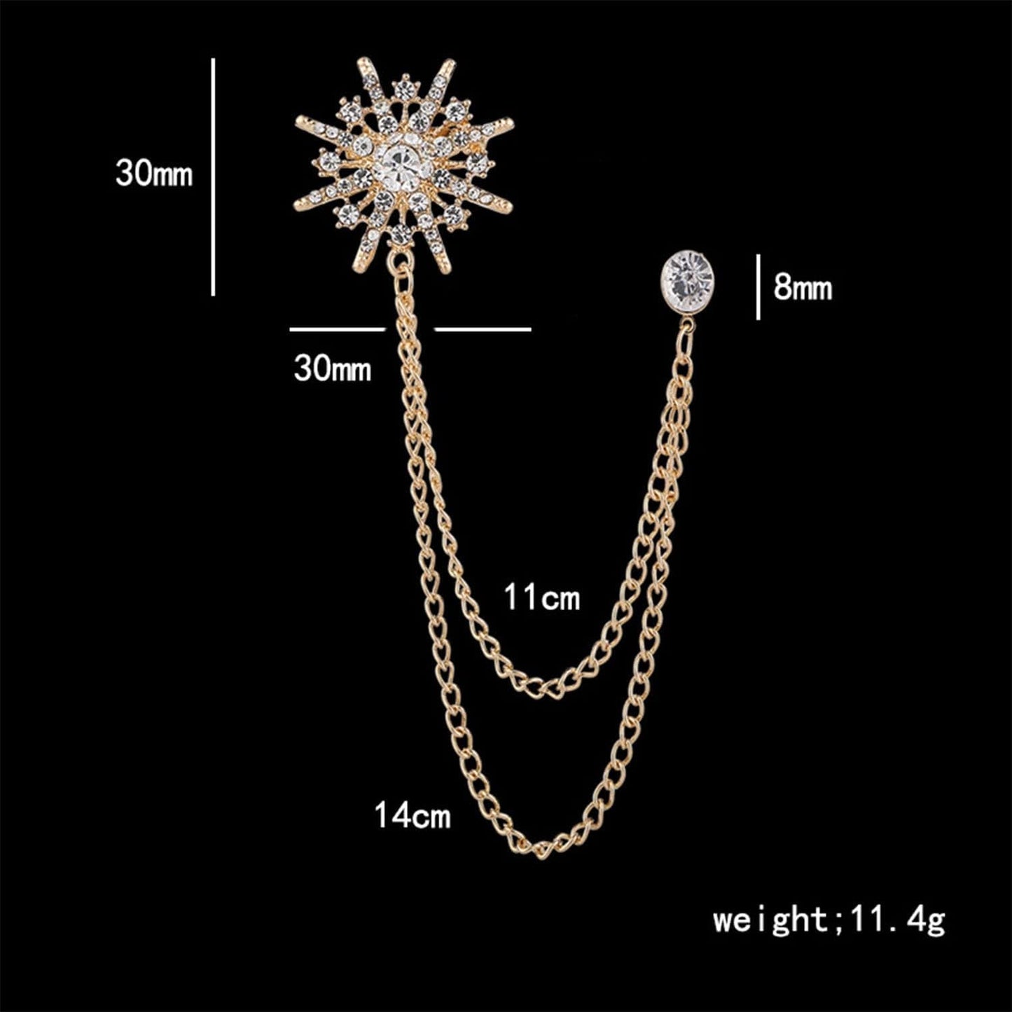 Snowflake Rhinestone Brooches, Hanging Chain Tassel Badge, Gold Silver Snowflake Long-Chain Brooches Shirt Collar Lapel Pin for Men Women Suit Accessories Stage Jewelry