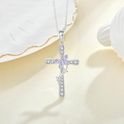 Women Butterfly Cross Necklace 925 Sterling Silver Crucifix Pendant Birthstones Jewelry Christmas Birthday Gift for Mom Wife Lover