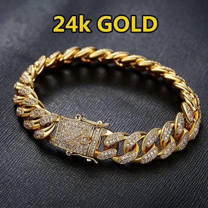 Fashion Mens Womens Chain Hiphop Iced Out Curb Cuban 24K / 18K / 925 Silver Gold Plated Bracelet W Paved Clear Rhinestones Cuban Bracelet
