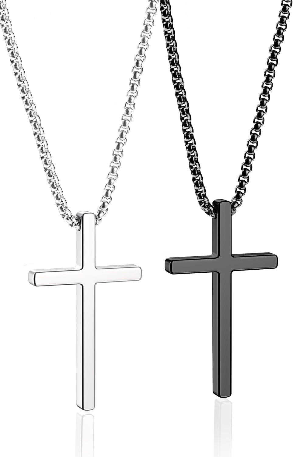 2 Pcs Cross Necklace for Men Boys,Stainless Steel Pendant Silver Black Gold Crosses Chain Jewelry Gifts Box 16-30 Inches