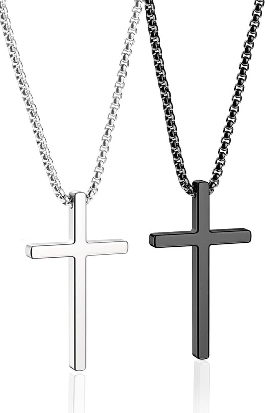 2 Pcs Cross Necklace for Men Boys,Stainless Steel Pendant Silver Black Gold Crosses Chain Jewelry Gifts Box 16-30 Inches