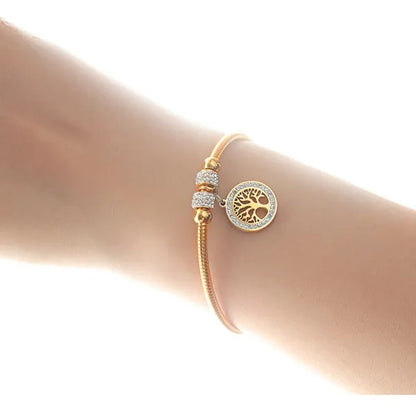 Gold Plated Tree of Life Bangle Bracelet Women Stainless Steel Family Tree Charm Bracelets with AAA Rhinestones & Magnetic Buckle
