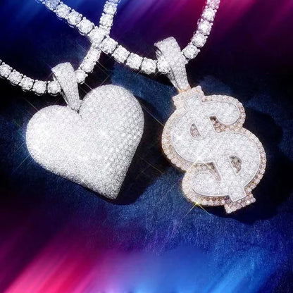 Full Diamonds Heart Shape / US Dollar Symbol Pendant with 24" Rope Chain Necklace Iced Out Brass Jewelry for Man Woman