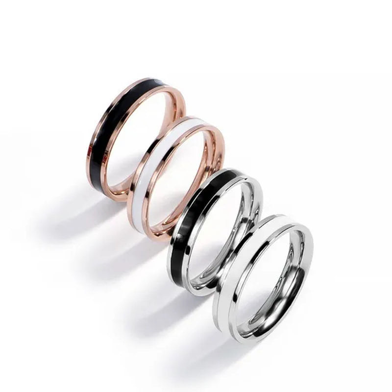 4mm Stainless Steel Black/White Enamel Ring Wedding Band for Women Girl Size 3-10