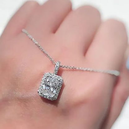 Trendy Silver Plated 4 Prong Setting Princess Cut Square Diamond Side Moissanite Necklace for Women Engagement Wedding Jewelry