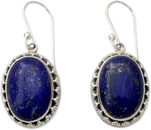 Artisan Handmade Lapis Lazuli Dangle Earrings Crafted .925 Sterling Silver Blue India Royal Classic Reflecting Pond Snorkel Happiness Birthstone 'Blue Mystique'