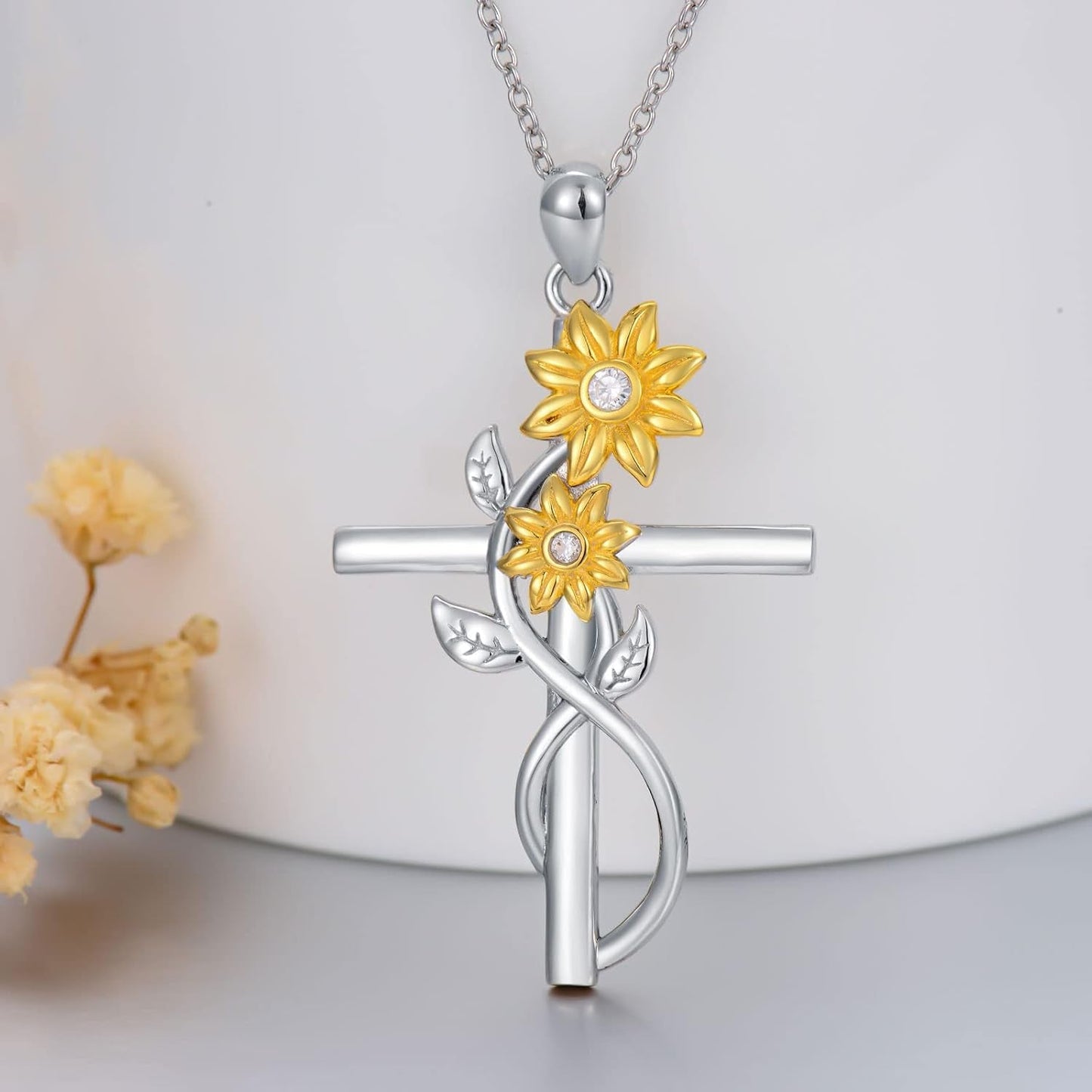 Nature Diamond Sunflower Cross Necklace for Women, 18K Gold Plated Sterling Silver Flower Pendant Necklace Mother'S Day Jewelry Gifts for Her, 18"-20"