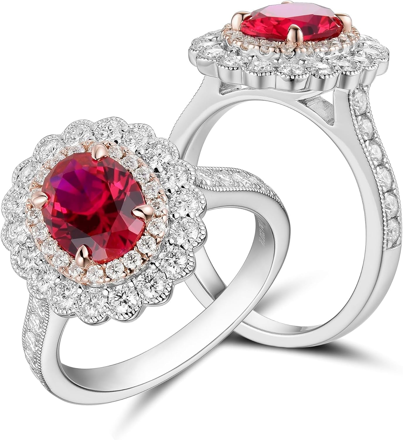 Ruby Rings Engagement Ring for Women 2Ct Oval Cut Created Ruby/Cut Moissanite, Milgrain Floral Double Halo Wedding Ring Moissanite Accents 14K Gold QUALITY Sterling Silver
