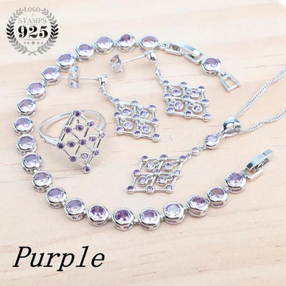 925 Silver Zircon Bridal Jewelry Set For Women Bracelet Earrings Pendant Necklace Rings