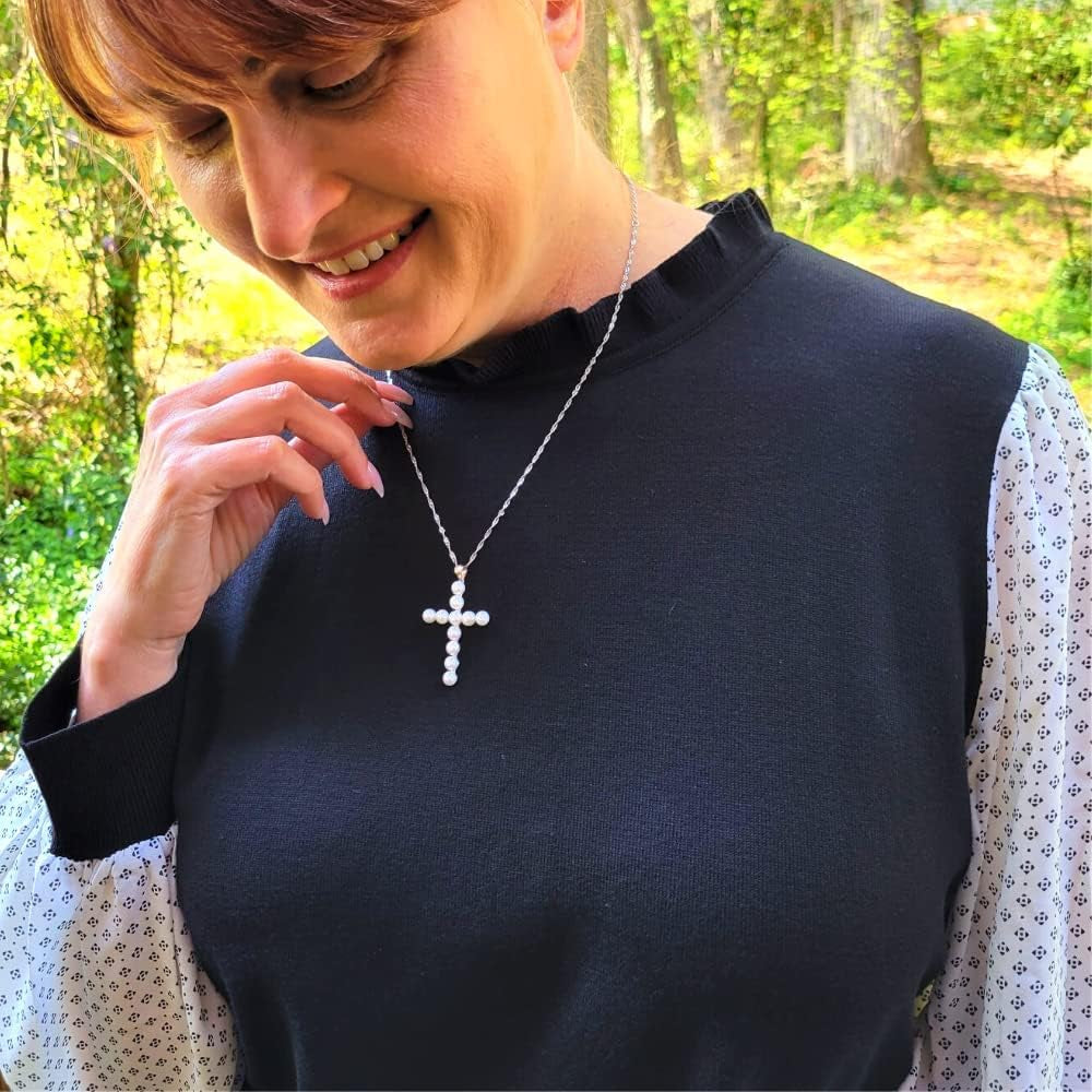 Freshwater Pearl Cross Necklace - Adjustable 20" Pearl Cross Pendant - Silver Christian Jewelry - Faith Jewelry Gift for Christmas, Wedding, Anniversary