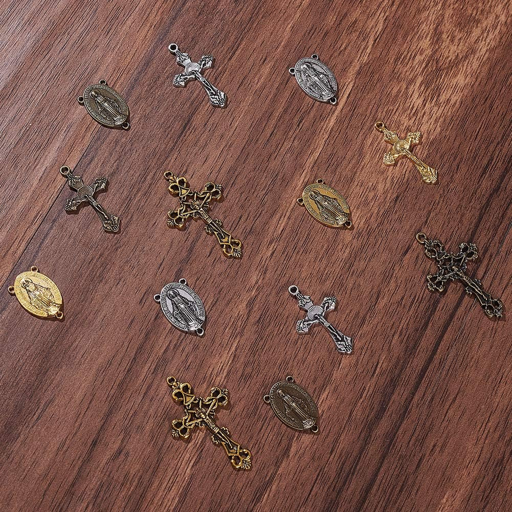 Tibetan Style Rosary Cross Charms and Center Miraculous Medal Easter Vintage Cross Crucifix Pendants Oval Chandelier Links Bronze Connector Charm for Rosary Bead Necklace Making Supplies