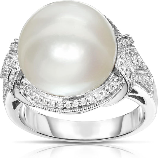 14K White Gold South Sea Pearl 13 Mm, Diamond 1/3 Ct Ring, Size 8