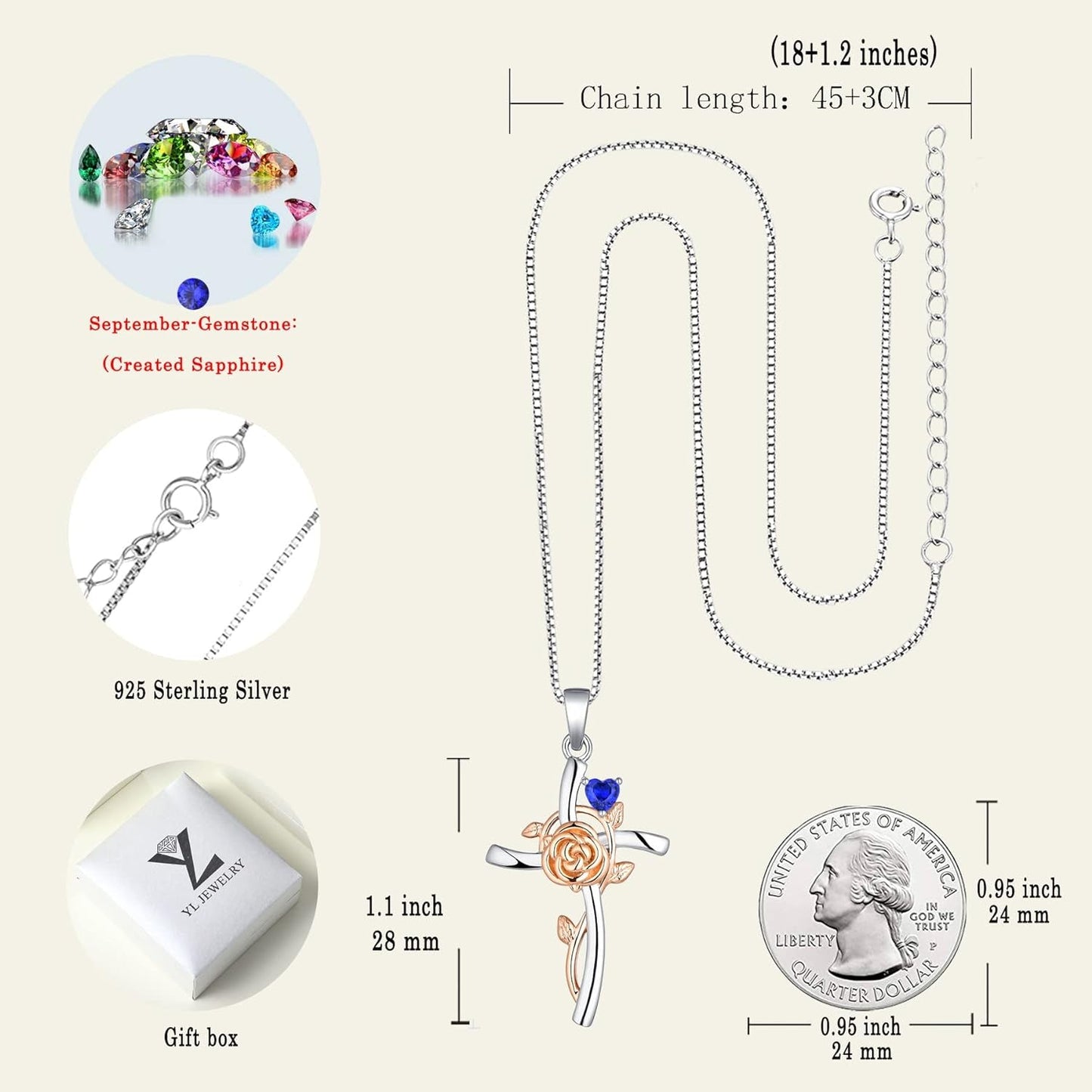 Cross Pendant Necklace 925 Sterling Silver Rose Flower Necklace Gemstones Flower Jewelry for Women