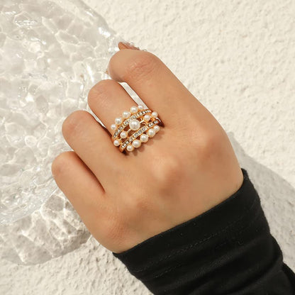 Handmade Pearl Ring Stacking Pearl Statement Rings Adjustable Open Pearl Full Finger Ring Trendy Personality Pearl Cluster Jewelry for Women (C)