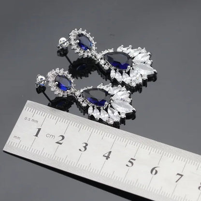 Blue Zircon With White Topaz Crystal Water Drop Shaped Silver Jewelry Sets Necklace Pendant Earring Ring Bracelet For Women