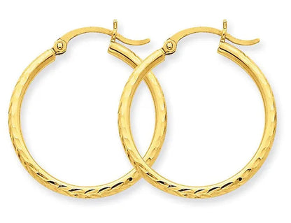 14K Yellow Gold Small Diamond Cut Hoop Earrings 3/4 Inch (2.00 mm)