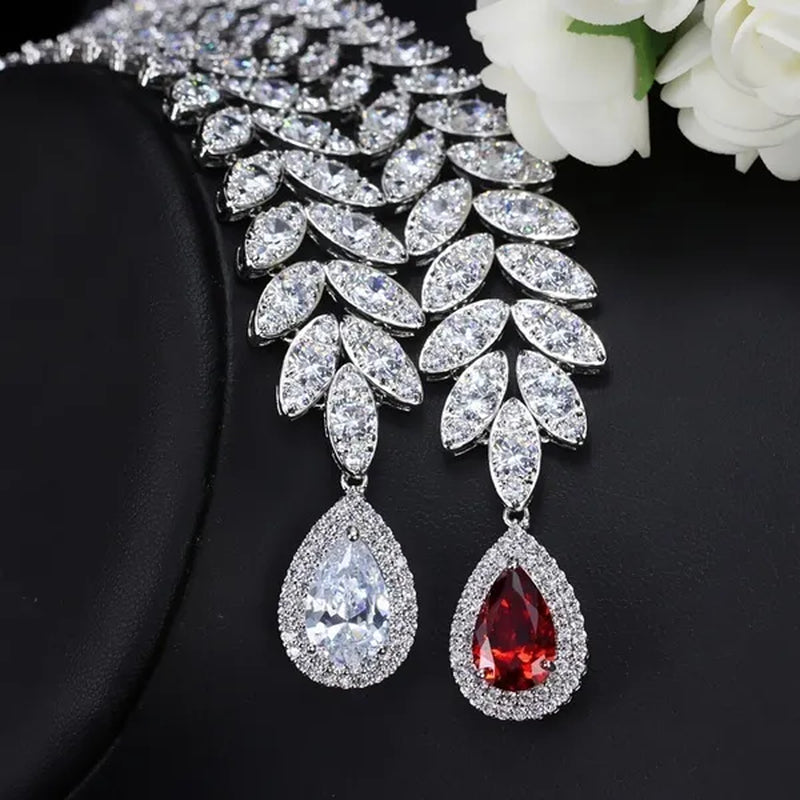 CANDICE Wedding Banquet Jewelry Sets for Brides Waterdrop Earrings Necklace Set Pear Cut Blue Zirconia Silver Plated