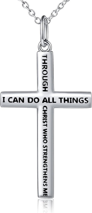 S925 Sterling Silver Cross Bible Verse Faith Christian Inspirational Pendant Necklace for Men Women