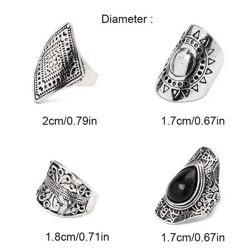 4Pcs/Set Vintage Silver Gypsy Boho Ethnic Ring Hollow Carved Gem Diamond Women  Rings - WORLD TIME VISITS
