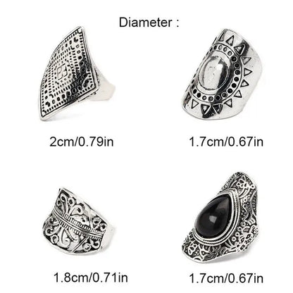 4Pcs/Set Vintage Silver Gypsy Boho Ethnic Ring Hollow Carved Gem Diamond Women  Rings - WORLD TIME VISITS
