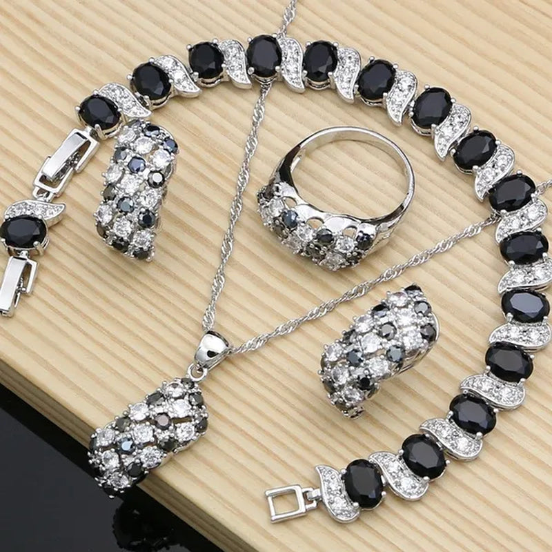 Silver 925 Gemstones Jewelry Sets for Women Ring Earrings Necklace Sapphire Ruby Amethyst Female Wedding Wholesale